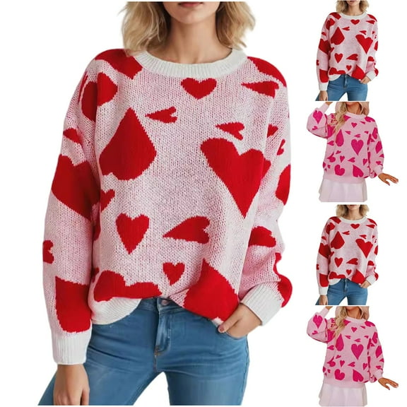 Horkkom Sweaters for Women Pullover Heart Print Crew Neck Long Sleeve Sweaters Fall Winter Knit Sweater XL, Gifts for Women