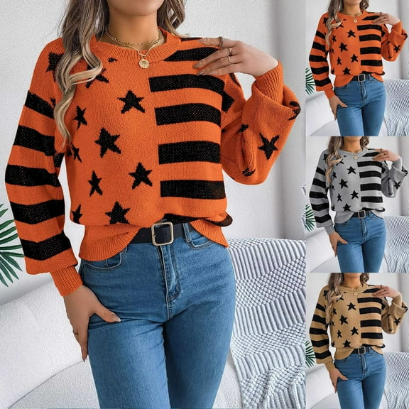 Horkkom Sweaters for Women Pullover Star Striped Print Crew Neck Long Sleeve Sweaters Fall Winter Knit Sweater M, Gifts for Women
