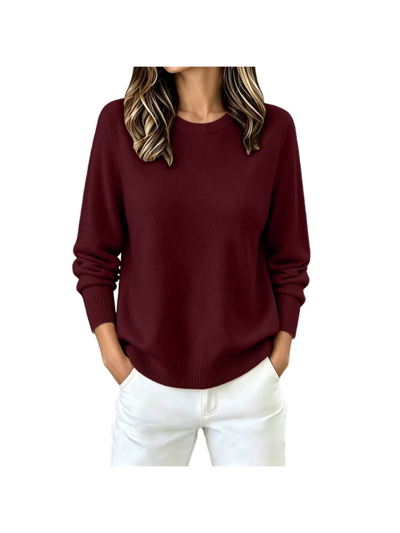 Sweaters for Women Solid Color Long Sleeve Crew Neck Sweater Soft Pullover Knit Sweater, S-3XL