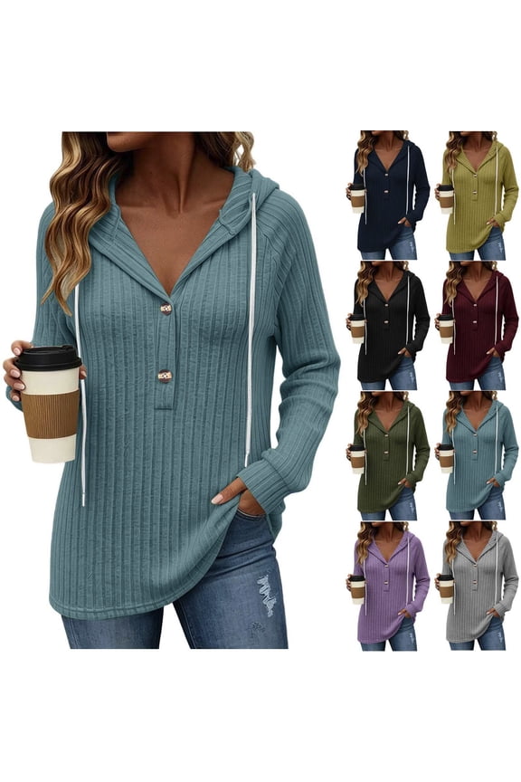 Sweaters for Women V Neck Long Sleeve Drawstring Hooded Sweater Casual Loose Pullover Sweaters S