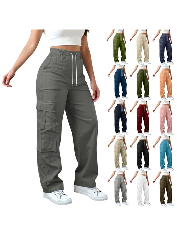 Sweatpants Women Elastic Waist Drawstring Cargo Pants Athletic Hiking Sweat Pants with Pockets XL