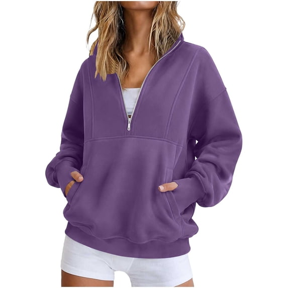 Horkkom Sweatshirt for Women Fashion Solid Color Casual Fall Tops Mock Neck Quarter Zip Pullover Daily Sweatshirt with Pockets M