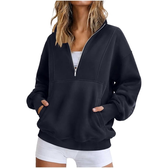 Horkkom Sweatshirt for Women Fashion Solid Color Casual Fall Tops Mock Neck Quarter Zip Pullover Daily Sweatshirt with Pockets XXL