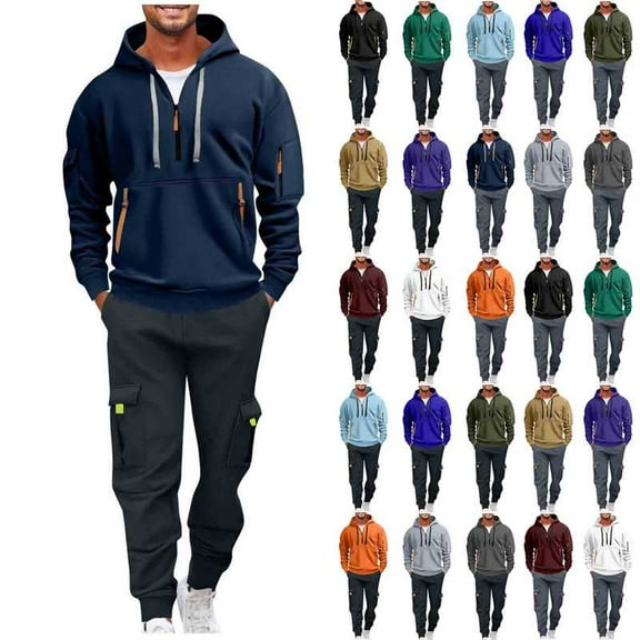 Horkkom Sweatsuits for Men with Pockets Jogging Suits Quarter Zip Pullover Hoodies Elastic Waist Drawstring Cargo Pants M