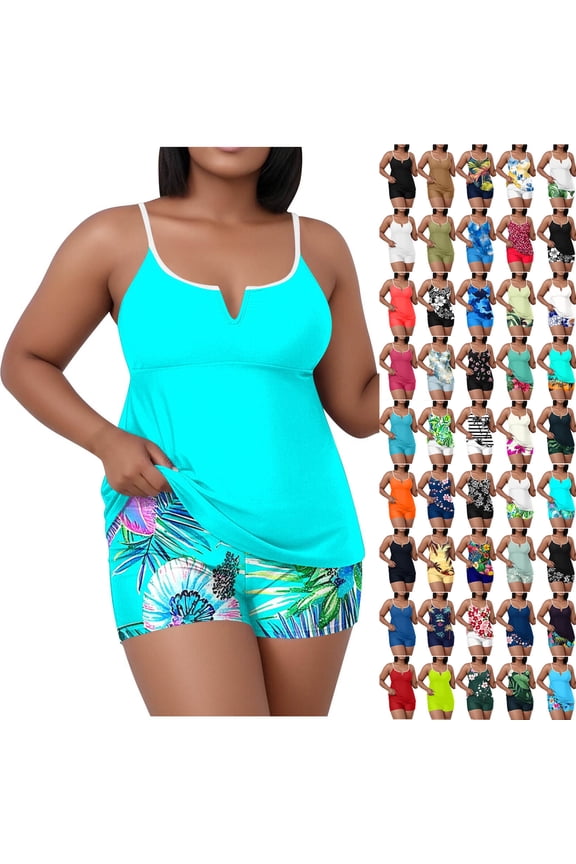 Swim Suits for Women 2026 Two Piece Plus Size Floral Print Camisole Topss with Pad Swim Shorts Bathing Suit Summer Slim Tankini Swimsuits XL