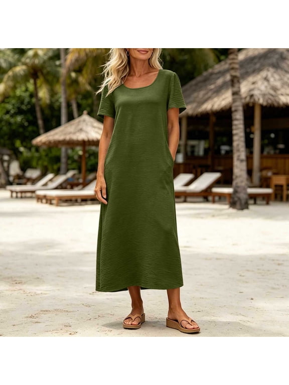 T Shirt Dress Women Short Sleeve Crew Neck Solid Color Maxi Dresses Casual Vacation Flowy Dresses, S-2XL