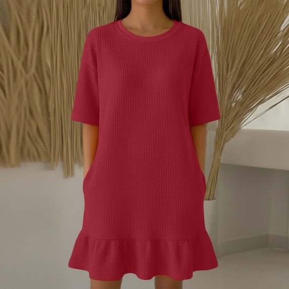 Horkkom T Shirt Dress Women Summer Short Sleeve Solid Color Mini Dresses Ruffle Beach Sundresses, S-2XL
