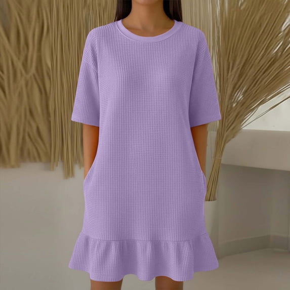 Horkkom T Shirt Dress Women Summer Short Sleeve Solid Color Mini Dresses Ruffle Beach Sundresses, S-2XL