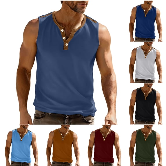 Horkkom Tank Tops Men Button V Neck Sleeveless Shirts Summer Workout Gym Muscle Shirts XXXL