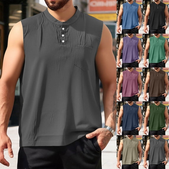 Horkkom Tank Tops Men Cotton Solid Color Button Sleeveless Shirts Summer Workout Gym Muscle Shirts L