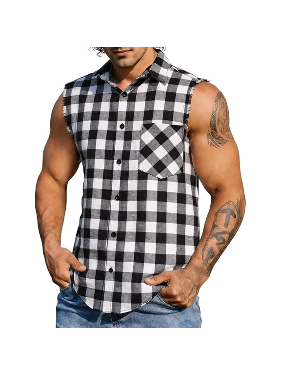Tank Tops Men Plaid Color Block Sleeveless Shirts Muscle Workout Button Down Shirt with Pockets, M-3XL