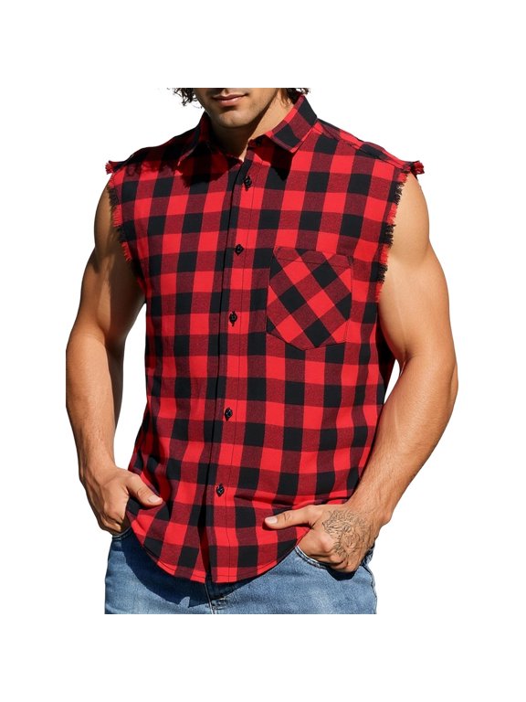 Tank Tops Men Plaid Color Block Sleeveless Shirts Muscle Workout Button Down Shirt with Pockets, M-3XL