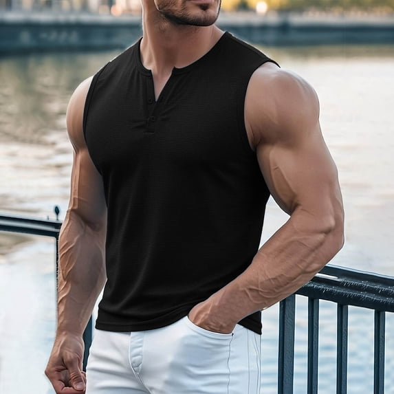 Horkkom Tank Tops Men Solid Color V Neck Sleeveless Shirts Summer Running Muscle Workout Shirts, S-2XL