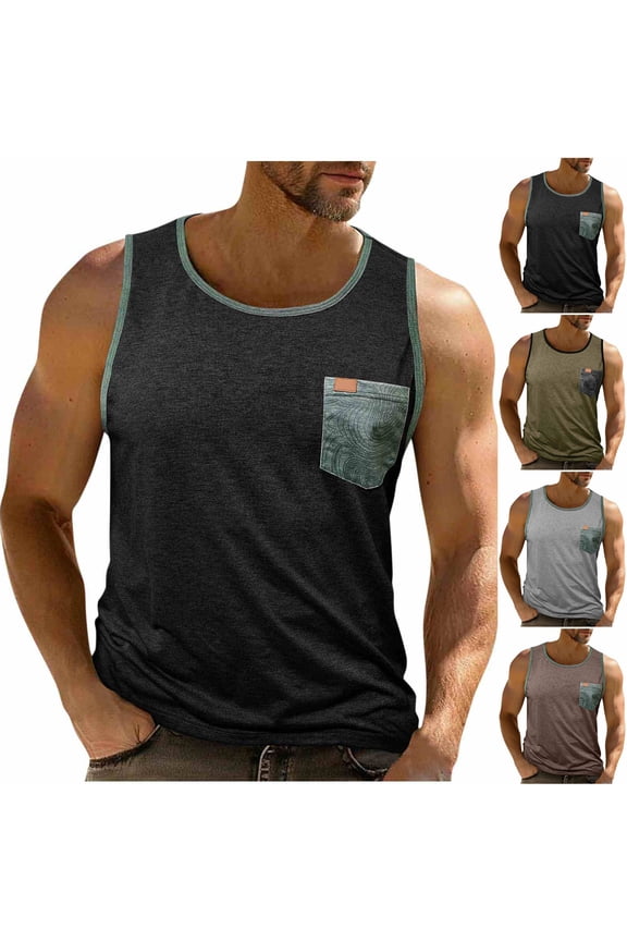 Tank Tops Men Summer Workout Crew Neck Sleeveless Shirts with Pocket Color Block Gym Tank Tops, Gifts for Men L