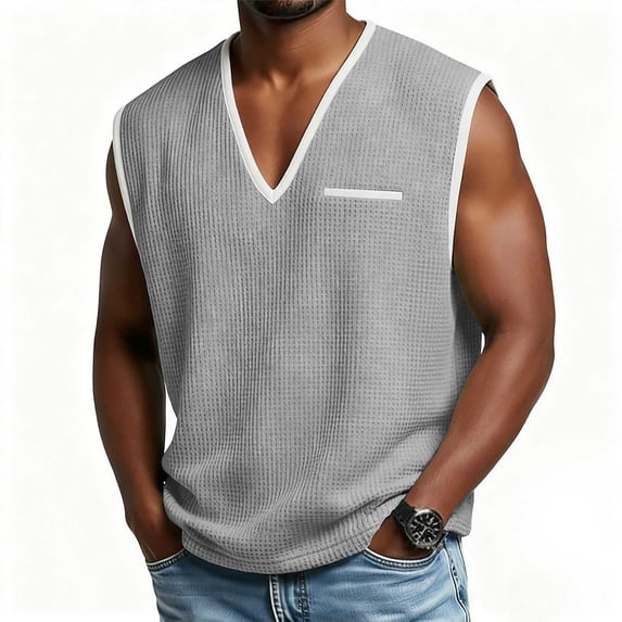 Horkkom Tank Tops Men V Neck Color Block Sleeveless Shirts Summer Gym Pullover Casual Shirts with Pockets, S-2XL