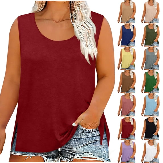 Horkkom Tank Tops for Women Plus Size Summer Solid Color Crew Neck Sleeveless Tops Casual Loose Slit Side Tunic Top XXXL