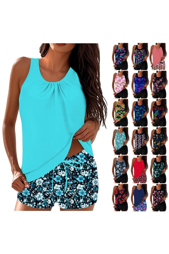 Tankini Swimsuits for Women Camisole Topss with Pad Swim Shorts Bathing Suit Summer Slim Two Piece Swimsuit L