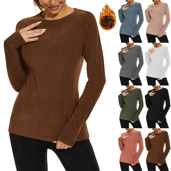 Horkkom Thermal Undershirt for Women Crewneck Long Sleeve Tops Warm Comfy Solid Color Thermal Shirts XXL