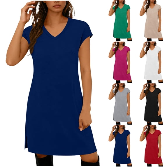 Horkkom Tshirt Dress Women Summer Beach Mini Dresses Short Sleeve Solid Color A Line Sundresses L