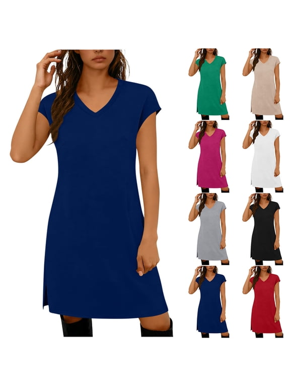 Tshirt Dress Women Summer Beach Mini Dresses Short Sleeve Solid Color A Line Sundresses XXL