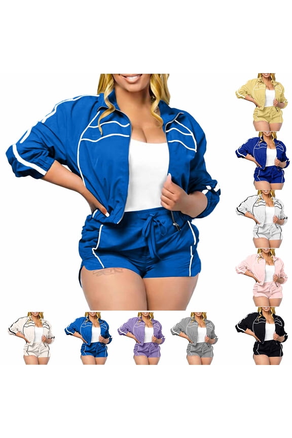 Two Piece Sets for Women Summer Long Sleeve Zip Up Jackets Elastic Waist Shorts 2 Piece Sets Casual Beach Workout Shorts Sets XXL