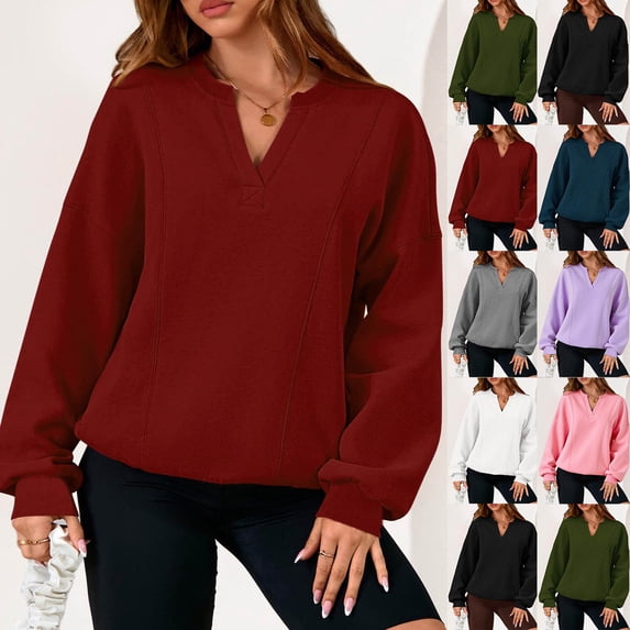 Horkkom V Neck Sweatshirt Women Long Sleeve Solid Color Pullover Sweatshirts Casual Loose Fall Outfits for Women 2025 L