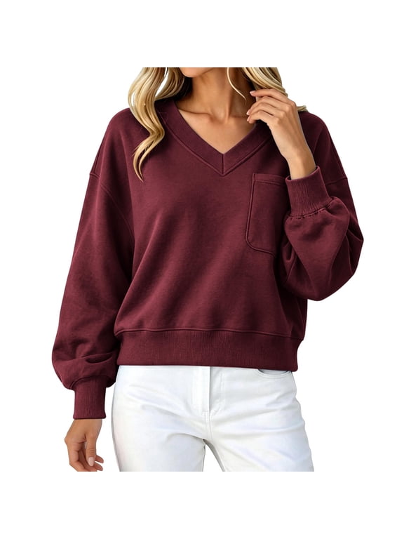 V Neck Sweatshirt Women Solid Color Cropped Pullover Sweatshirts Casual Trendy Soft Tops with Pocket L