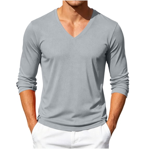 Horkkom V Neck T Shirts Men Casual Breathable Long Sleeve Shirts Solid Color Basic Daily Tees XL