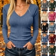 thumbnail image 1 of Horkkom V Neck T Shirts for Women Solid Color Long Sleeve Basic Tees Slim Casual Pullover Shirts, S-2XL, 1 of 9