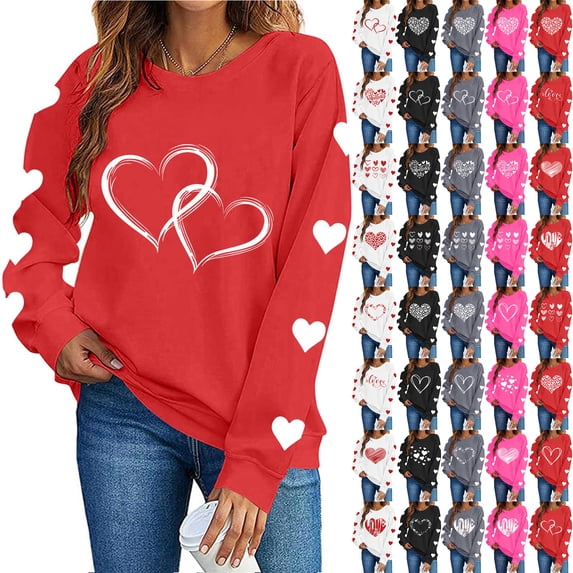 Horkkom Valentines Day Sweaters for Women Heart Print Pullover Sweatshirts Long Sleeve Crewneck Sweatshirts S, Gifts for Women