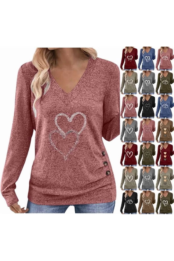 Valentines Shirts for Women Heart Print Long Sleeve Blouses V Neck Loose Valentines Shirts XXL, Gifts for Women