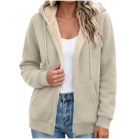 Horkkom Warm Jackets for Women Winter Zip Up Fleece Lined Jacket Drawstring Fuzzy Hooded Jacket with Pockets L