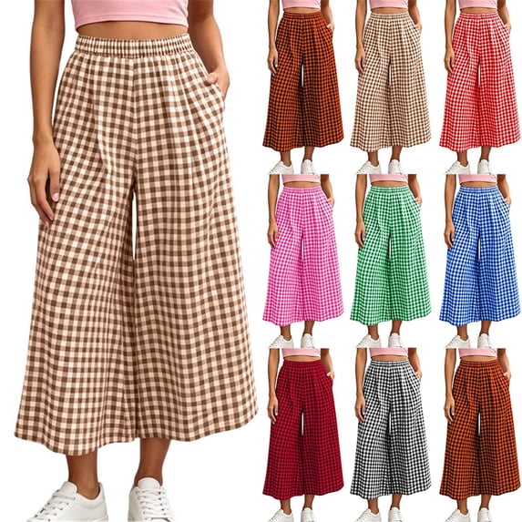 Horkkom Wide Leg Pants Woman Elastic Waist Plaid Pants Casual Loose Pleated Pants with Pockets L