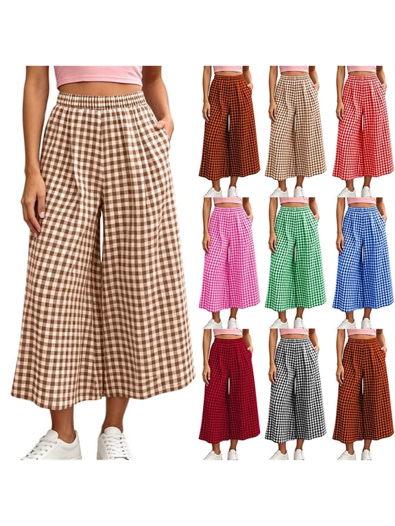 Wide Leg Pants Woman Elastic Waist Plaid Pants Casual Loose Pleated Pants with Pockets XXL