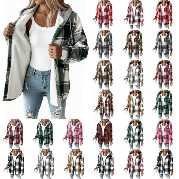 Horkkom Winter Coats for Women Button Down Plaid Print Fleece Jacket with Pockets Hood Drawstring Casual Flannel Jacket XXL