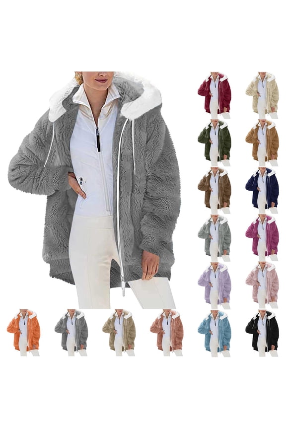 Winter Coats for Women Fuzzy Fleece Zip Up Jackets Warm Soft Winter Coats with Pockets Hood L