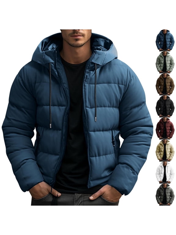 Winter Jackets for Men Warm Fleece Puffer Jacket Casual Zip Up Coats with Pockets Hood Drawstring M