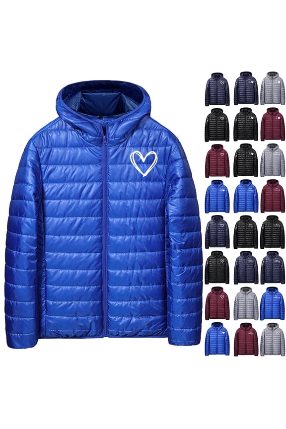 Winter Jackets for Men Warm Zip Up Jacket with Pockets Hood Letter Print Coats XS