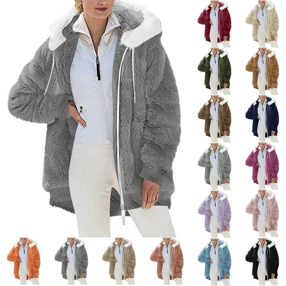 Horkkom Winter Jackets for Women Fleece Fuzzy Zip Up Jackets Warm Solid Color Winter Coats with Pockets Hood M