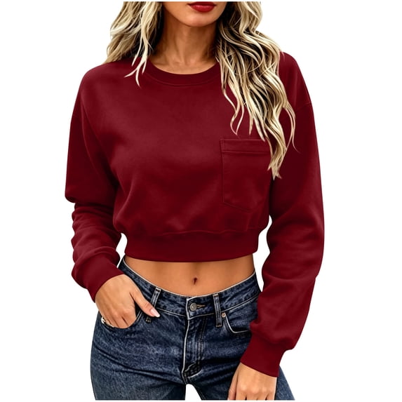 Horkkom Womens Crewneck Sweatshirt Long Sleeve Solid Color Cropped Sweatshirts Casual Loose Pullover Sweatshirts with Pockets, S-2XL