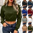 thumbnail image 1 of Horkkom Womens Crewneck Sweatshirt Long Sleeve Solid Color Cropped Sweatshirts Casual Loose Pullover Sweatshirts with Pockets, S-2XL, 1 of 9