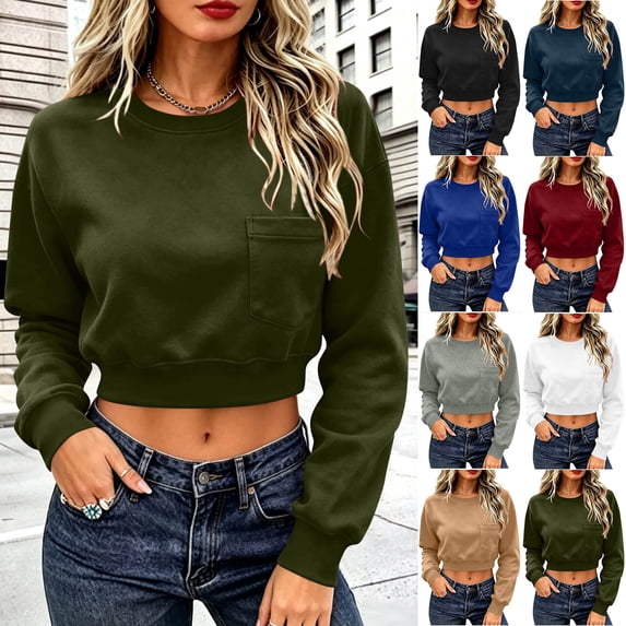 Horkkom Womens Crewneck Sweatshirt Long Sleeve Solid Color Cropped Sweatshirts Casual Loose Pullover Sweatshirts with Pockets, S-2XL
