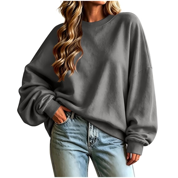 Horkkom Womens Crewneck Sweatshirt Long Sleeve Solid Color Pullover Sweatshirts Cozy Comfy Casual Tops, S-2XL