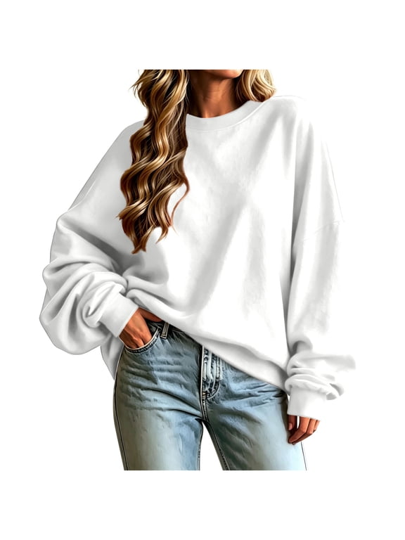 Womens Crewneck Sweatshirt Long Sleeve Solid Color Pullover Sweatshirts Cozy Comfy Casual Tops, S-2XL