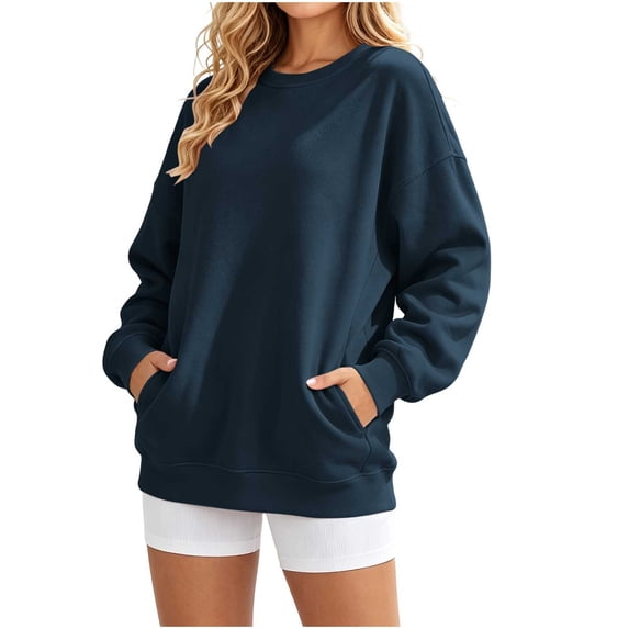 Horkkom Womens Crewneck Sweatshirt Solid Color Long Sleeve Casual Tops Pleated Soft Pullover Sweatshirts with Pockets, S-2XL