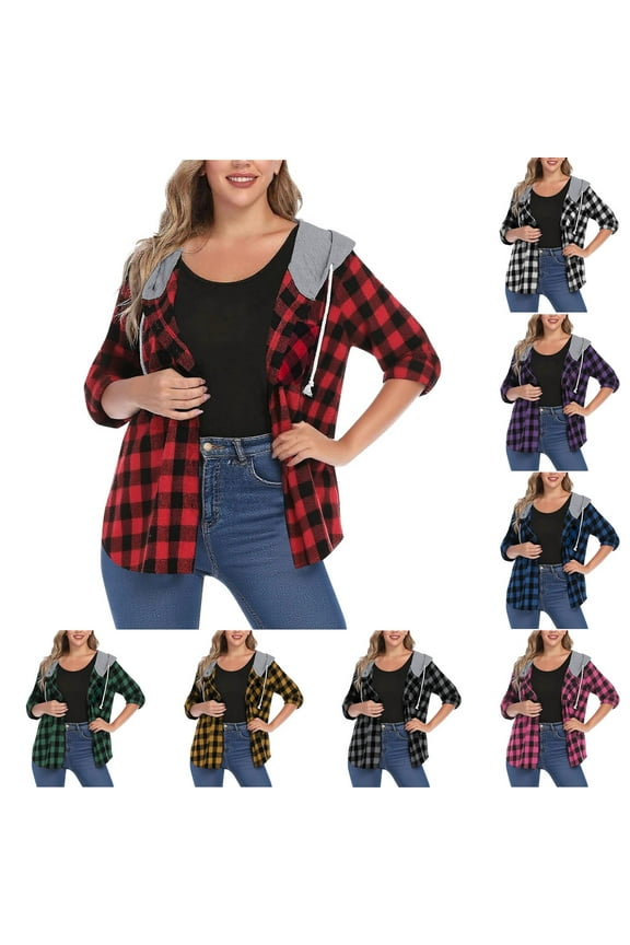Womens Flannel Shirts Long Sleeve Button Down Hoodies Fall Casual Plaid Jacket L