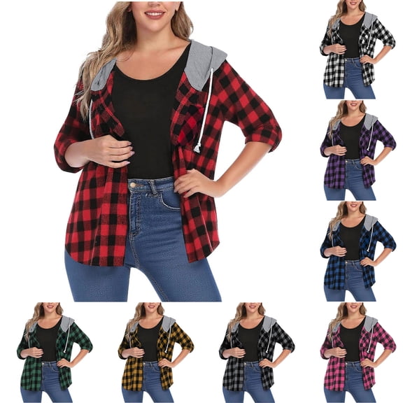 Horkkom Womens Flannel Shirts Long Sleeve Button Down Hoodies Fall Casual Plaid Jacket XL