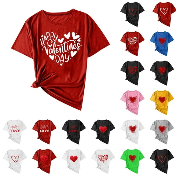 Horkkom Womens Graphic T Shirts Valentines Day Heart Print Graphic Tee Crewneck Short Sleeve Shirts L, Gifts for Women