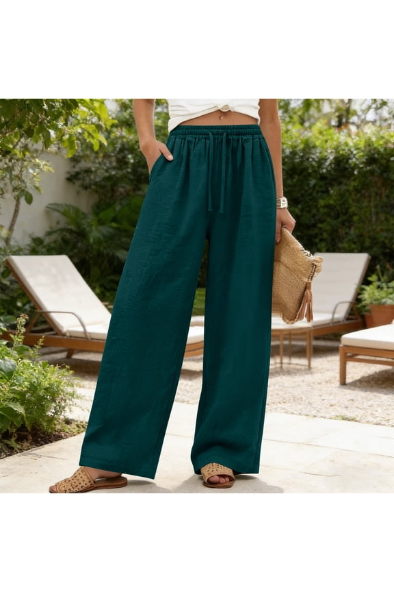 Womens Linen Pants Wide Leg High Waisted Drawstring Pants Dress Office Flowy Pants, S-2XL