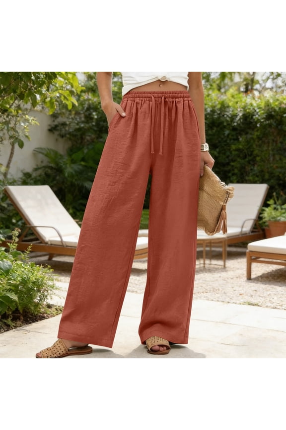 Womens Linen Pants Wide Leg High Waisted Drawstring Pants Dress Office Flowy Pants, S-2XL